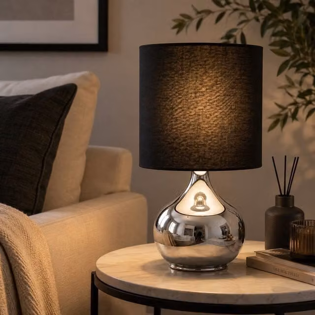 Orsina Chrome Table Lamp with Black Fabric Shade and Droplet Base