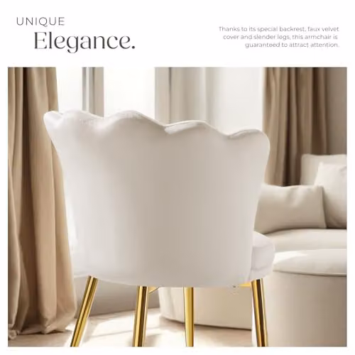 tectake Stella Armchair with Velvet-Look Fabric and Gold Metal Frame in Cream – 2