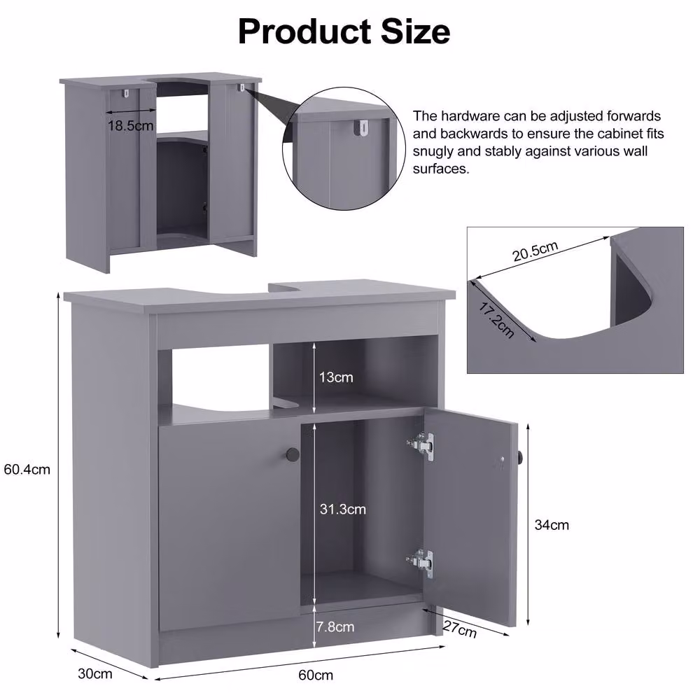 KEEPREAPER Grey Under Sink Bathroom Cabinet, Freestanding 2 Door Storage Unit with Internal Shelves, Width: 60 cm – 3