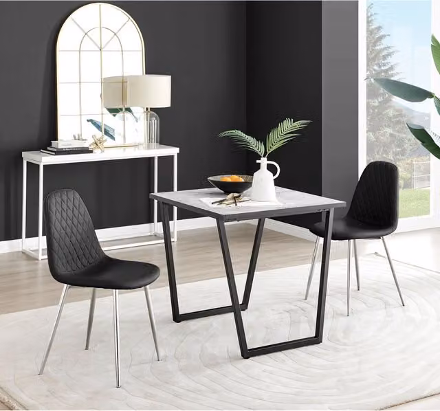 FurnitureboxUK Carson White Marble Effect Square Dining Table and 2 Corona Silver Faux Leather Chairs in Black – 1