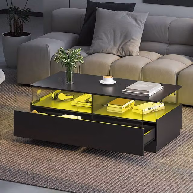 KEEPREAPER Modern Rectangular Coffee Table with LED Light and 2 Drawers in Black – 1