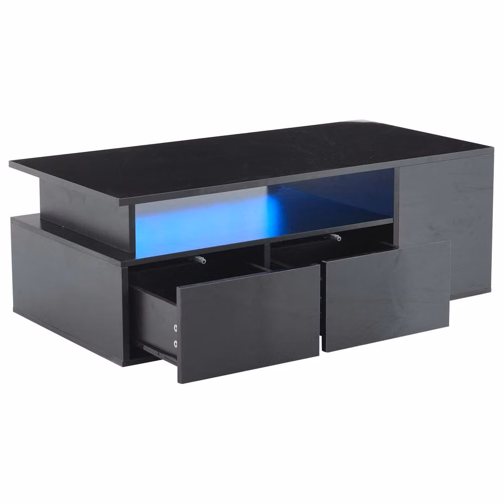 BTM High Gloss LED Coffee Table with 2 Drawers and Open Storage in Black – 7