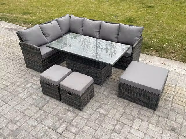 Fimous Dark Grey Wicker PE Rattan Garden Furniture Set with Height Adjustable Lifting Table and 3 Footstools