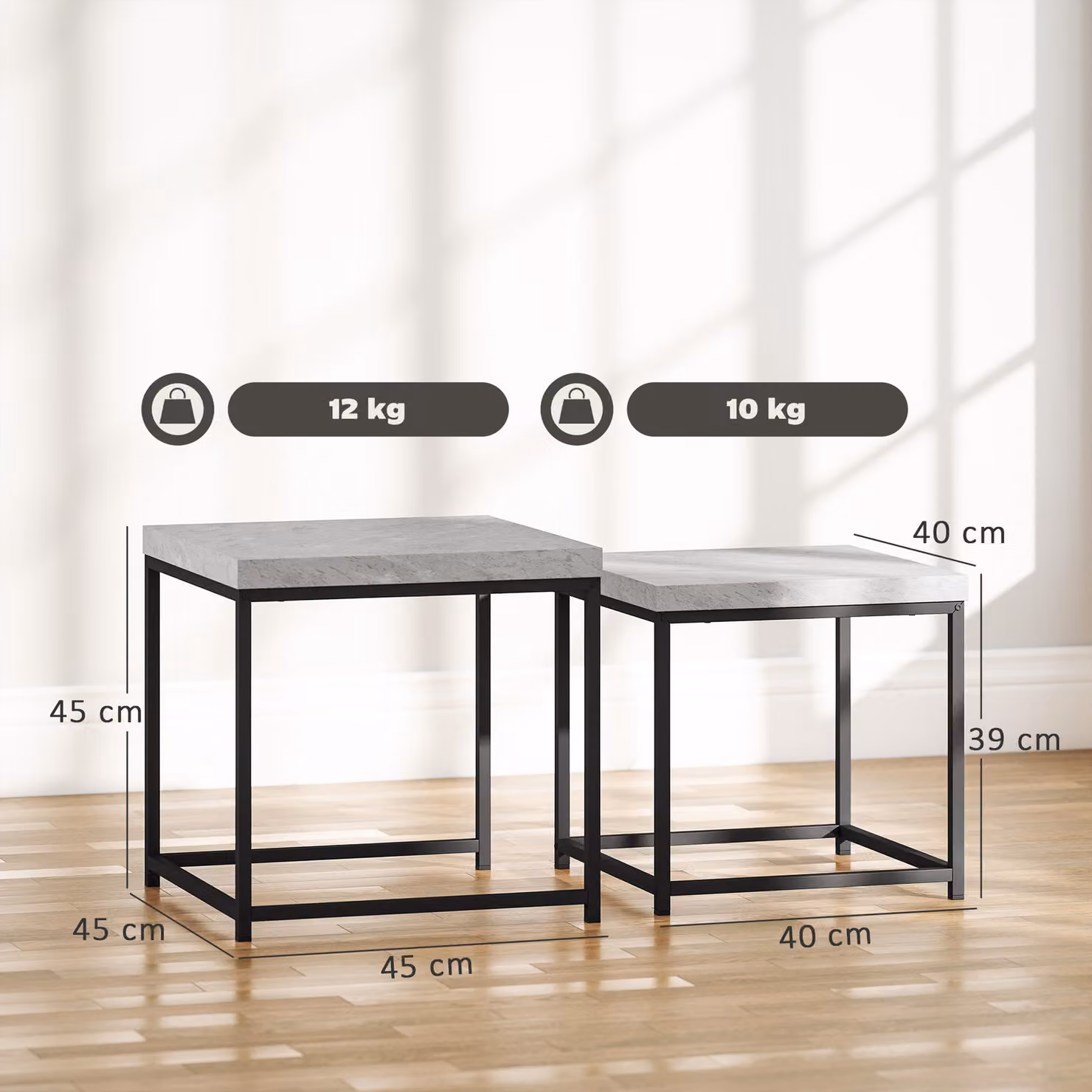 HOMCOM Nest of 2 Grey Coffee Tables with 3.5cm Thick Composite Tabletop – 3