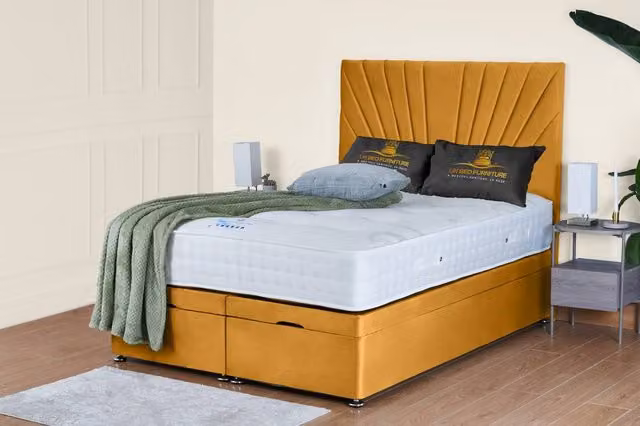 UK Bed Furniture Sunrise Single Ottoman Divan Bed with 54 Inch Headboard in Yellow Velvet Fabric, W/D/H: 90 x 190 x 137.16 cm
