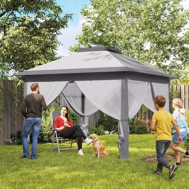 Outsunny Pop Up Gazebo with Double Roof and Mesh Sidewalls, Beige – 7