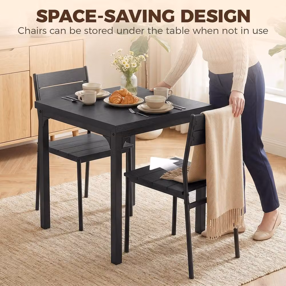 STILVORA Industrial Square Dining Table Set with 2 Chairs in Black – 6