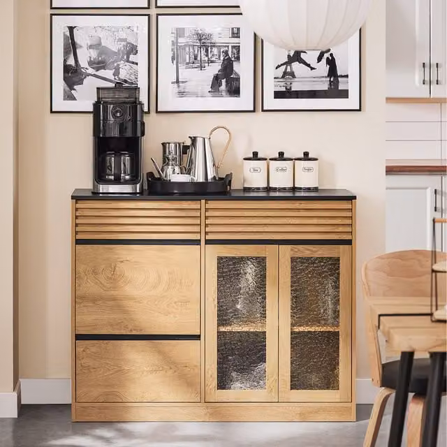SoBuy Modern Wooden Sideboard Cupboard with Drawers and Glass Doors in Brown and Yellow