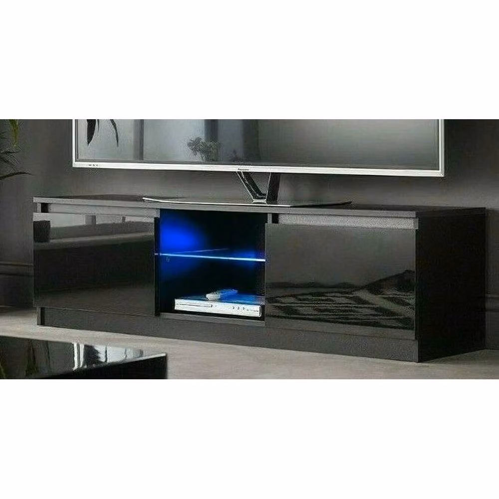 FLAVORA Modern Glossy Black TV Stand Cabinet with Lights – 2