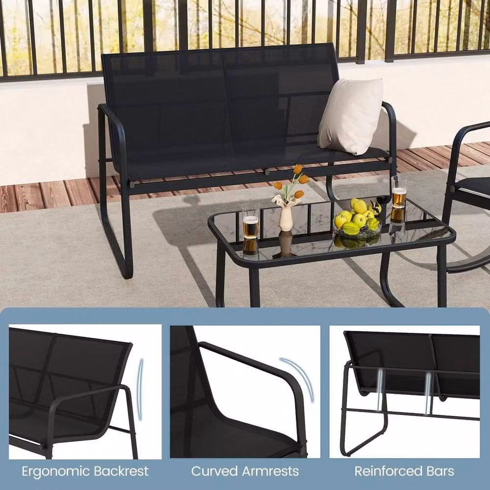 Kelvenix 4 Piece Outdoor Rocker Chair Conversation Set in Black with Metal Frame and Textilene Fabric – 4