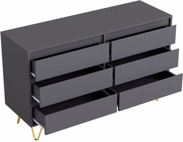 Nordara Grey 6 Drawer Chest with Gold Metal Legs for Bedroom Storage