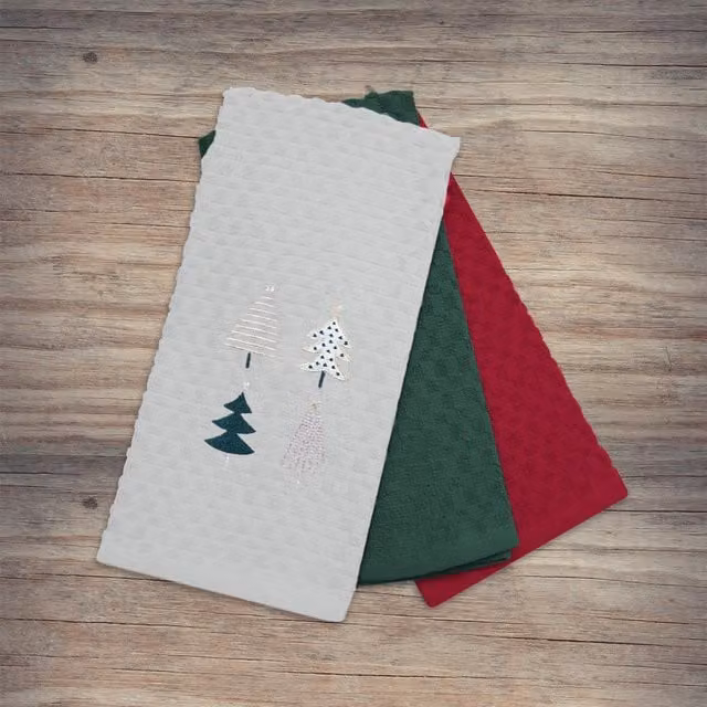 Noel Square Pack of 3 Highly Absorbent Cotton Tea Towels with Multicolour Xmas Tree Graphic, White