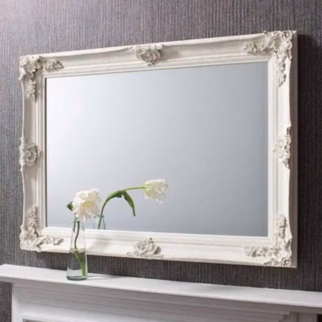 MirrorOutlet Davenport Ornate Flourish Rectangular Wall Mirror in Beige and White, W: 110 cm, H: 79 cm