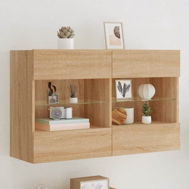 Berkfield Home Modern Wall Mounted TV Cabinet with Integrated LED Lights and Glass Doors in Sonoma Oak Brown, W/D/H: 98.5 x 30 x 60.5 cm – 1