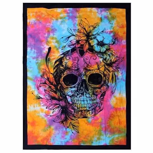 KDMD Day of the Dead Skull Single Cotton Bedspread and Woven Wall Hanging Set, Multicolour – 1