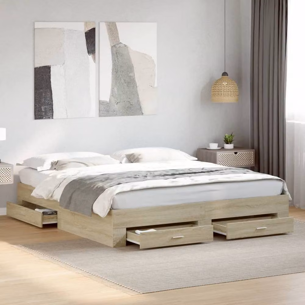 Berkfield Home Modern Bed Frame with Drawers in Sonoma Oak and Light Tan, W/D/H: 200 x 32 x 203 cm – 2