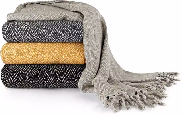 NewEdgeBlinds Woven Cotton Geometric Throw in Yellow and Orange, W: 178 cm, L: 254 cm