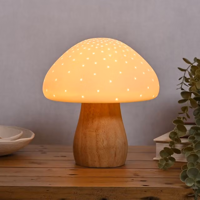 Hestia Mushroom Table Lamp in White Ceramic and Wood