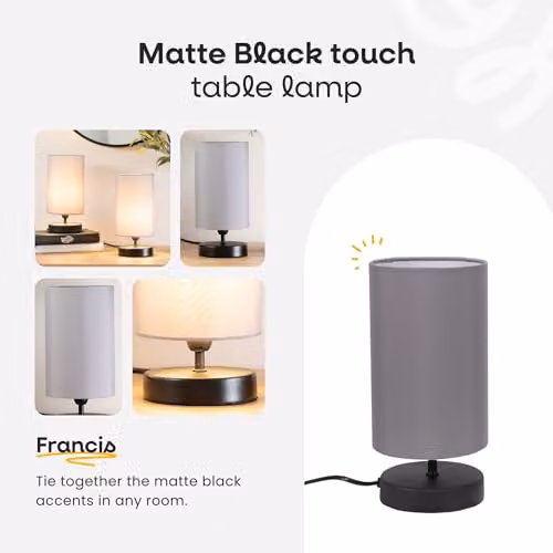 ValueLights Francis Dimmable Touch Table Lamp with Grey Fabric Shade and Black Metal Cylinder Base – 2