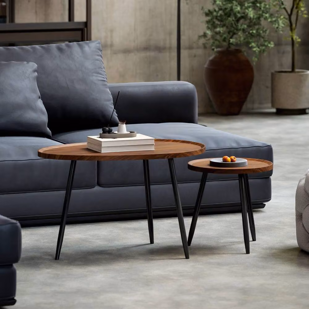 Wyld Haus Suta Set of 2 Round Nesting Coffee Tables in Brown Chestnut Wood Effect and Black Metal – 3