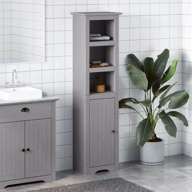 Berkfield Home BODO Grey Bathroom Cabinet with Hinged Doors and Open Shelf, W/D/H: 44 x 30 x 160 cm