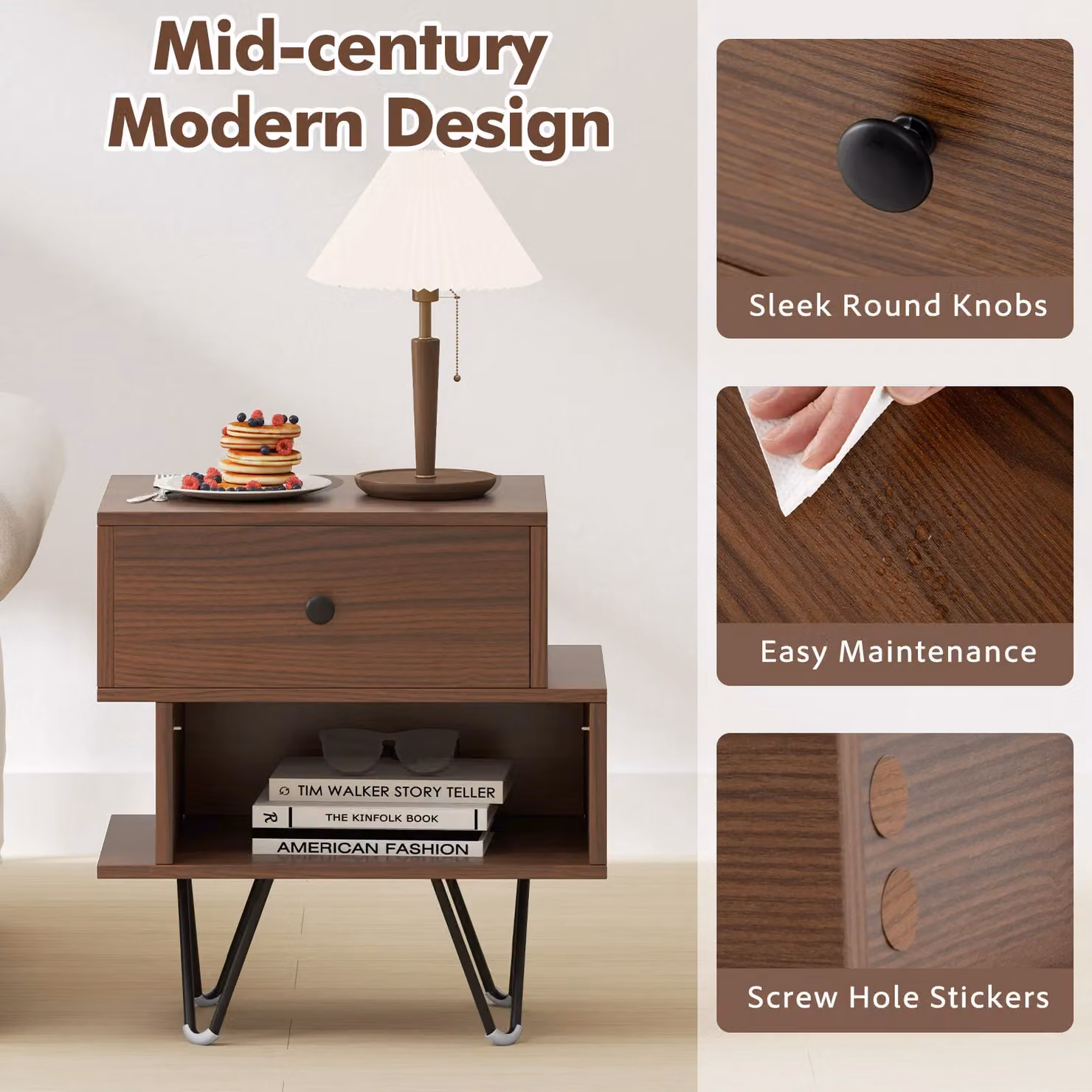 Gymax Set of 2 Mid-Century Walnut Nightstands with Removable Drawers and Metal Legs – 4