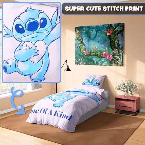 Disney Stitch Pink and Multicolour Duvet Cover and Pillowcase Set for Kids and Teenagers, W/D/H: 135 x 200 cm – 3