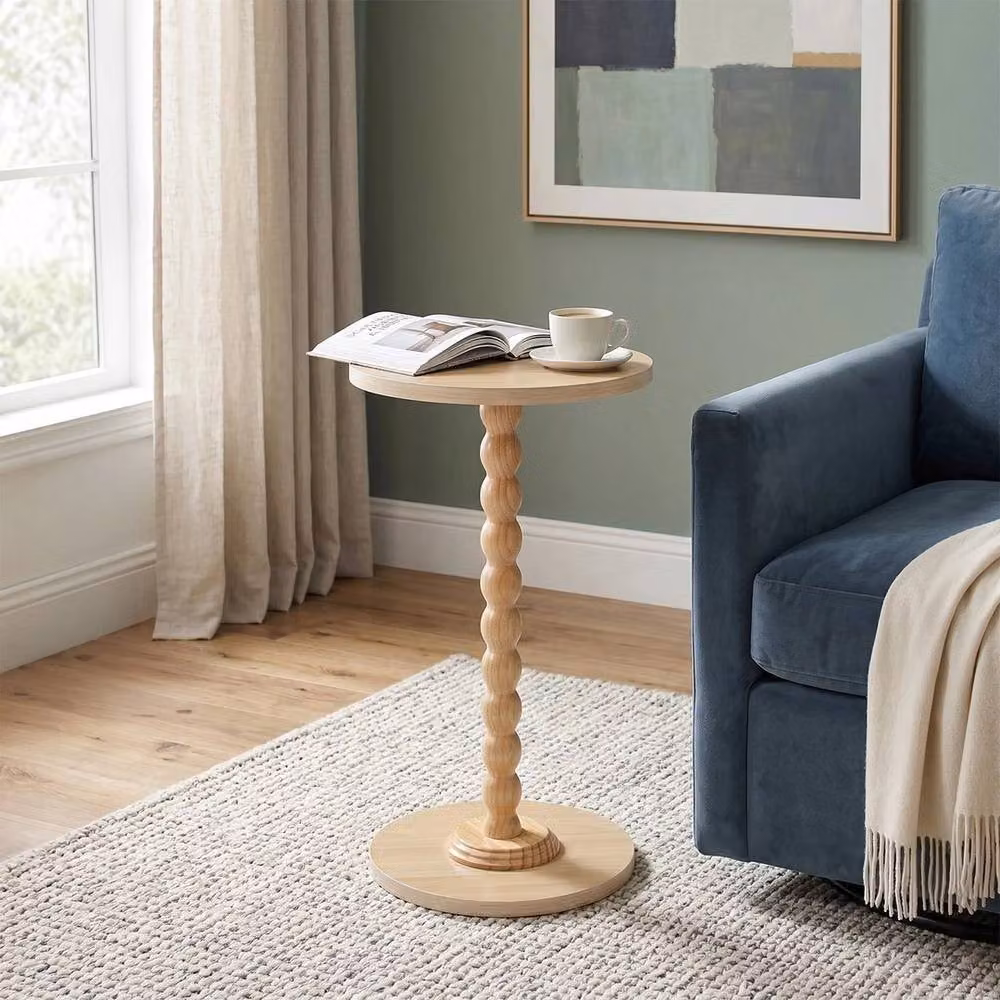 Spetlek Modern Small Round Natural Wood Side Table in Brown and Beige, H: 100 cm, W: 30 cm, D: 30 cm – 3