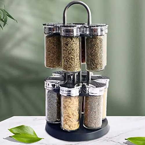JINGYAN Rotating Spice Rack Organizer with 12 Glass Jars and Stainless Steel Accents, Black – 3