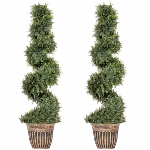 HOMCOM Set of 2 Green Artificial Spiral Cypress Trees in Concrete Pots, Height: 120 cm, Width: 30 cm, Depth: 30 cm – 1