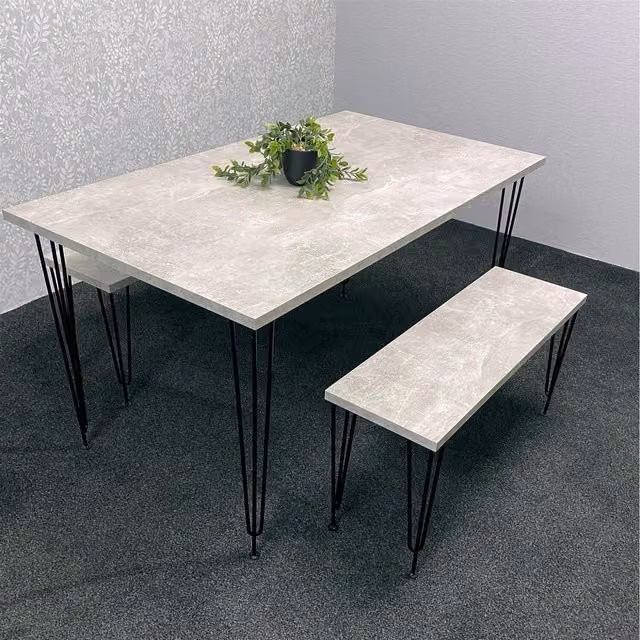 Kosy Koala Iron Stone Grey Dining Table and Bench Set with Stone Grey Effect Finish, W: 117 cm