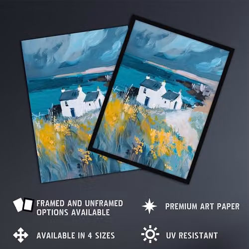 Artery8 Coastal Scottish Cottage Wildflowers Framed Oil Painting Wall Art Print, Multicolour, A4 – 2