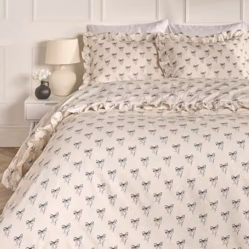 OHS Ditsy Bow Frill Microfibre Duvet Cover and Pillowcase Set, Beige, W/D/H: 135 x 200 cm and 50 x 75 cm
