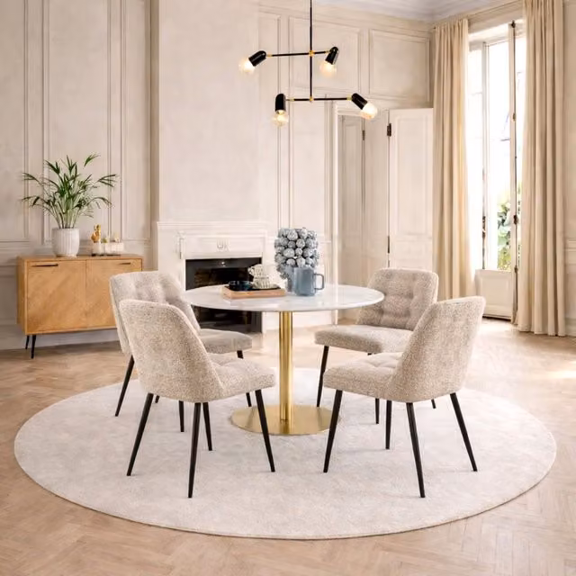 Furniture To Go Corby Round White Marble Dining Table with Gold Base and 4 Brooke Beige Chairs