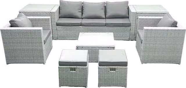 Fimous 7 Seater Rattan Garden Furniture Set in Light Grey with 3 Seater Sofa, 2 Chairs, Square Coffee Table, 2 Footstools and 2 Side Tables