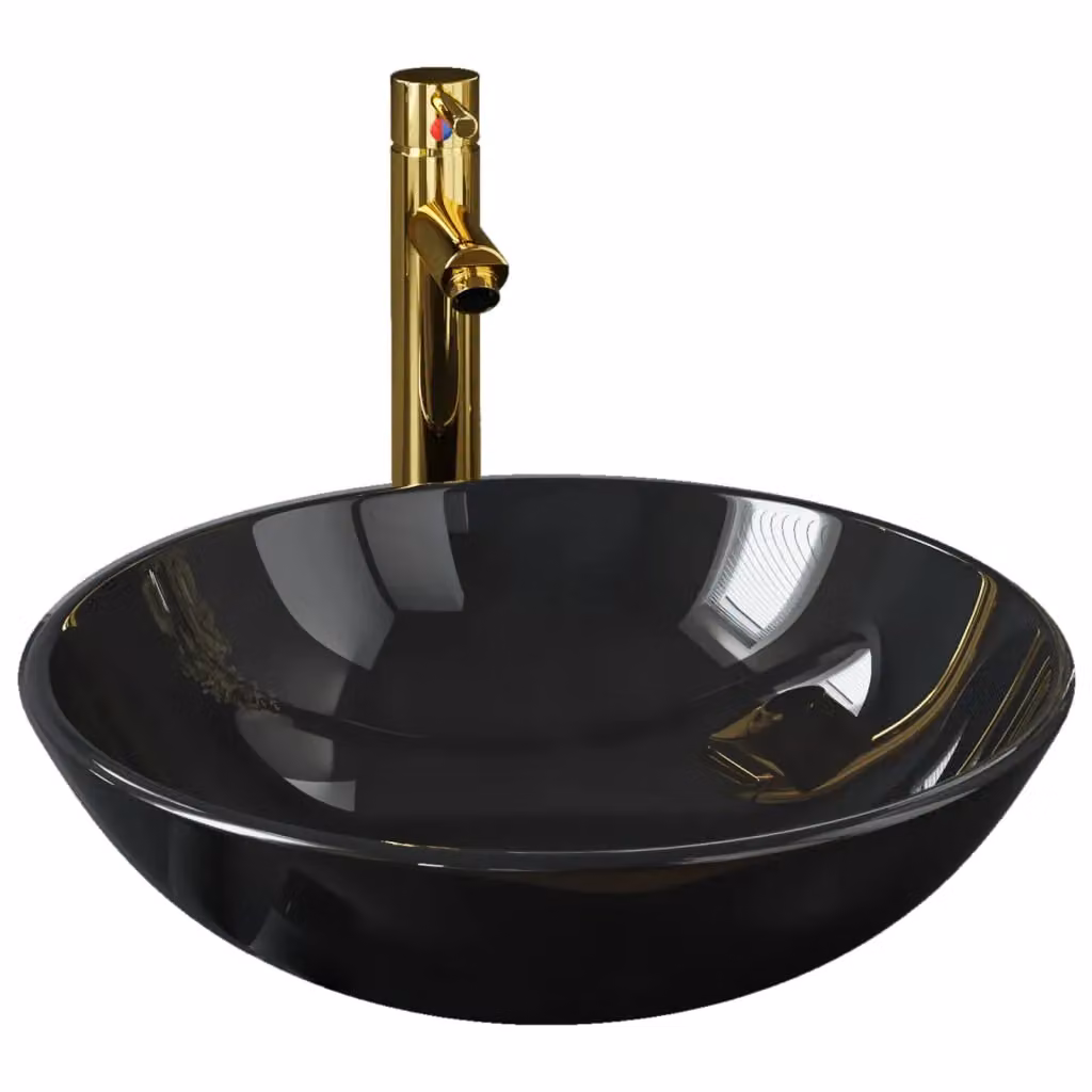 Berkfield Home Round Black Tempered Glass Countertop Bathroom Sink with Tap and Push Drain – 2