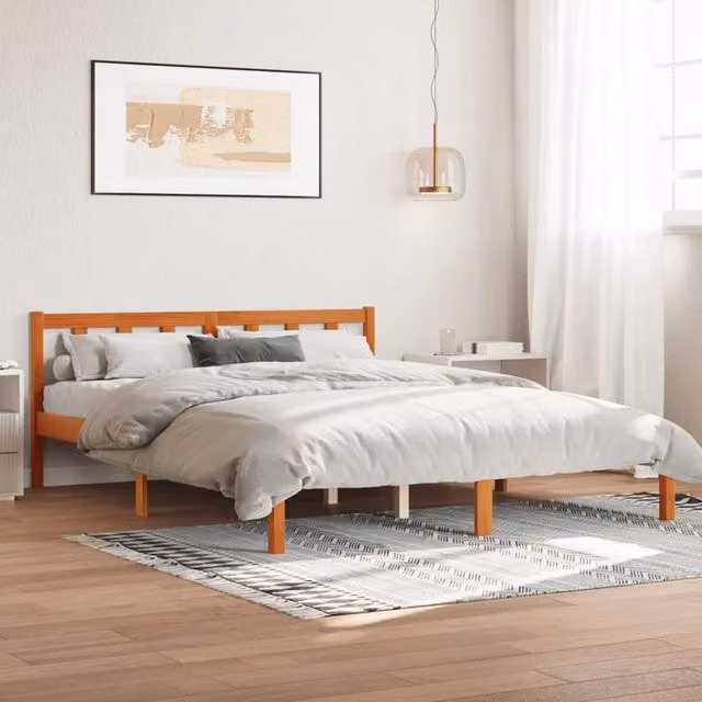 Berkfield Home Solid Wood Pine Bed Frame in Wax Brown, W/D/H: 150 x 200 cm