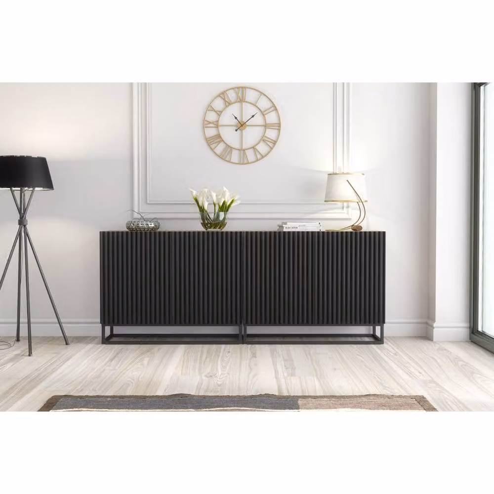 Creative Furniture Ripple Duo Sideboard in Oak and Black with Fluted Doors, Dark Brown, W: 200 cm, H: 80 cm, D: 35 cm – 2