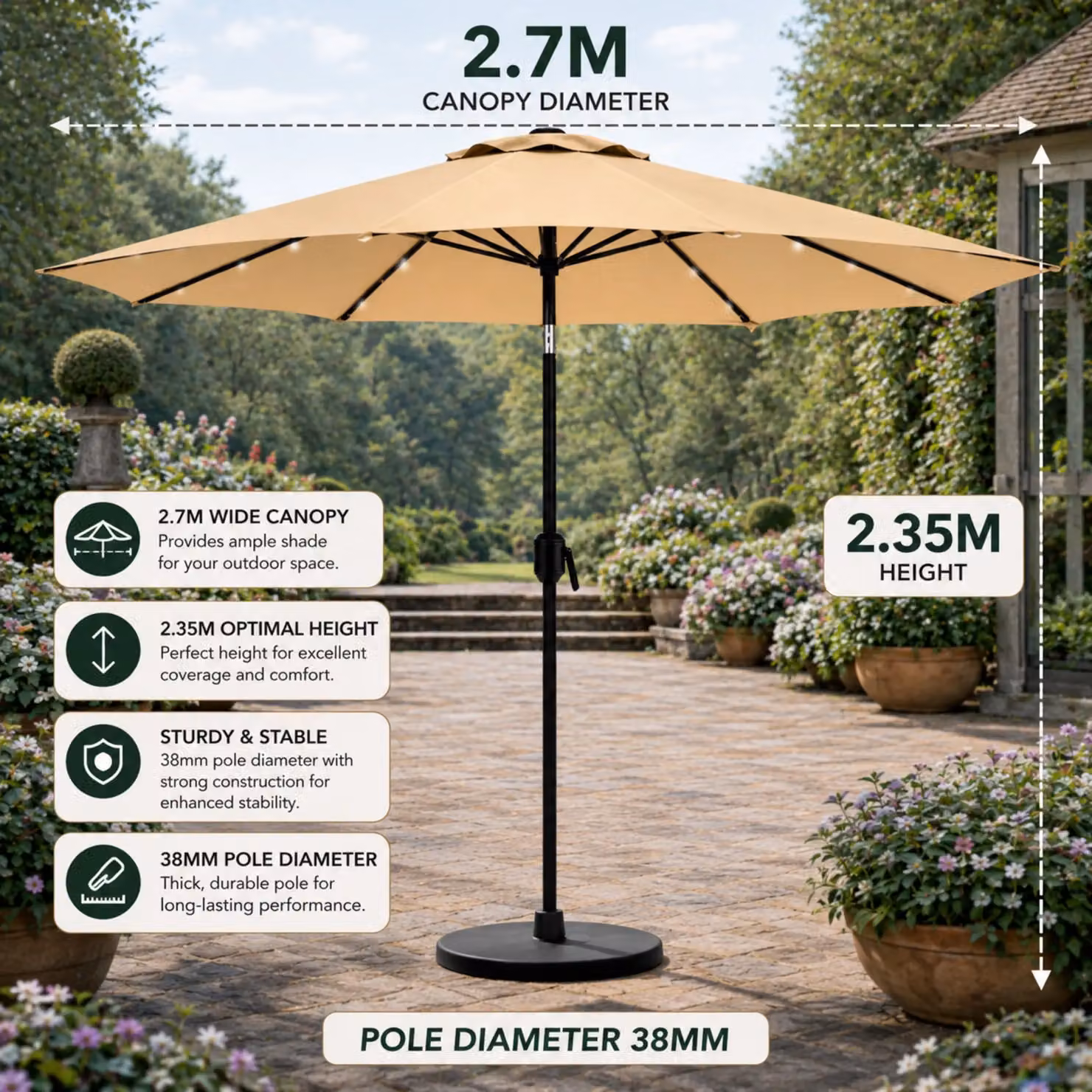 Glamhaus Khaki Solar Power LED Tilting Garden Umbrella with UPF 50+ Protection, W/D/H: 270 x 235 x 270 cm – 2