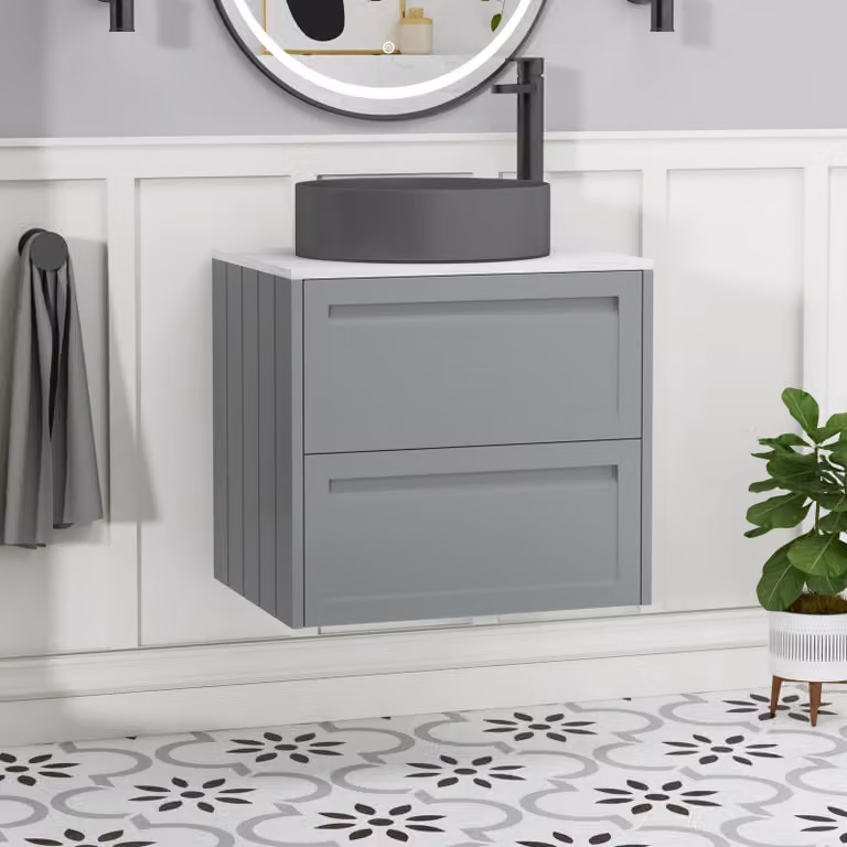 Royal Bathrooms Elmore 600mm Matt Pebble Grey Wall Hung 2 Drawer Vanity Unit with White Art Round Basin