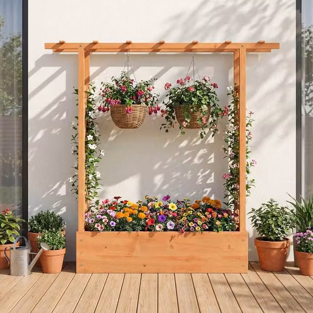 Costway Orange Wooden Raised Garden Bed with Side Trellis and Hanging Roof, Height: 114 cm