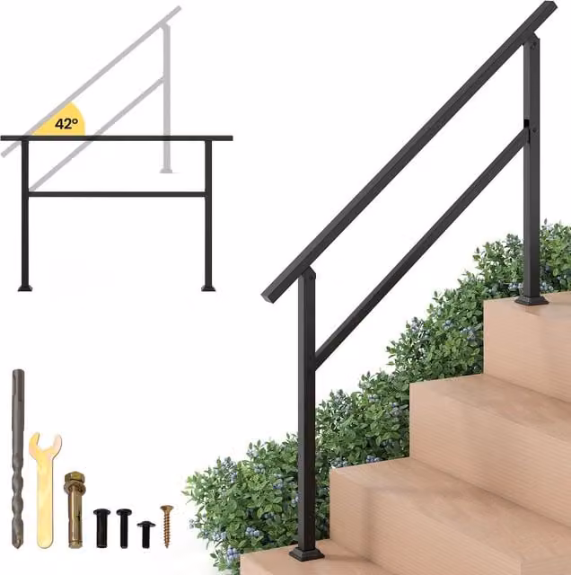 Gymax Black Steel Outdoor Metal Handrail for 1 to 4 Steps with Flexible Angle