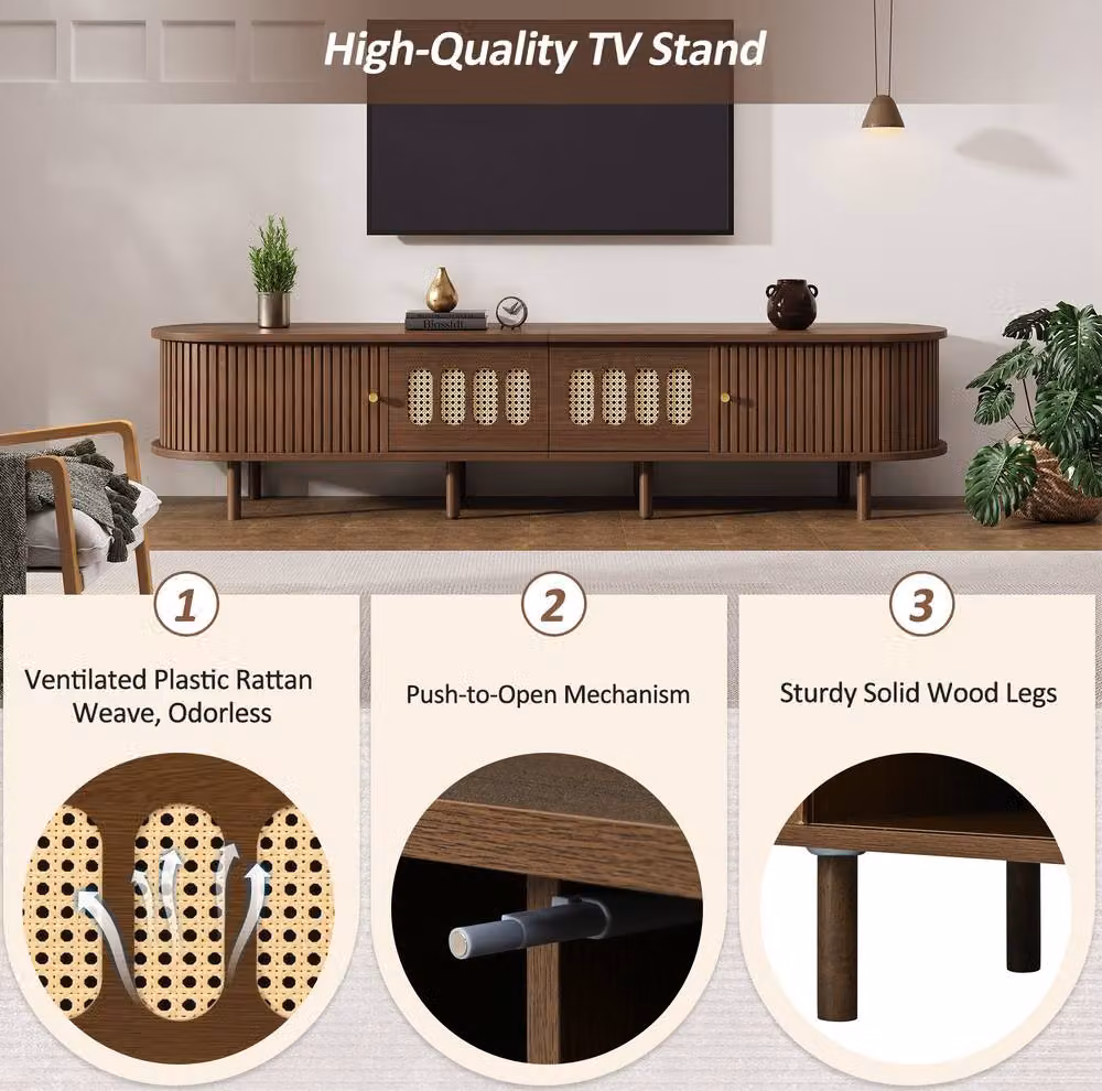STILVORA Walnut Brown TV Stand with 2 Drawers and 2 Rattan Roller Shutter Doors, W: 180 cm, D: 40 cm, H: 46.5 cm – 4