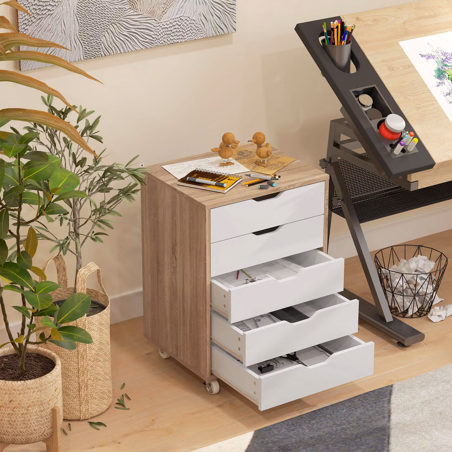 Vinsetto Five-Drawer Filing Cabinet with Wheels in Oak Brown – 6