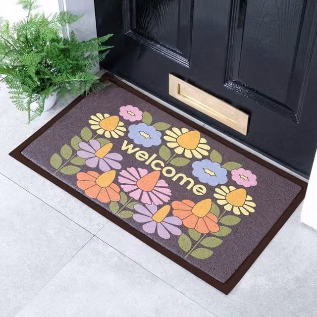 Artsy Mats Elizabeth Olwen Welcome Floral Indoor/Outdoor Doormat, Brown and Multicolour, W/D/H: 70 x 40 cm