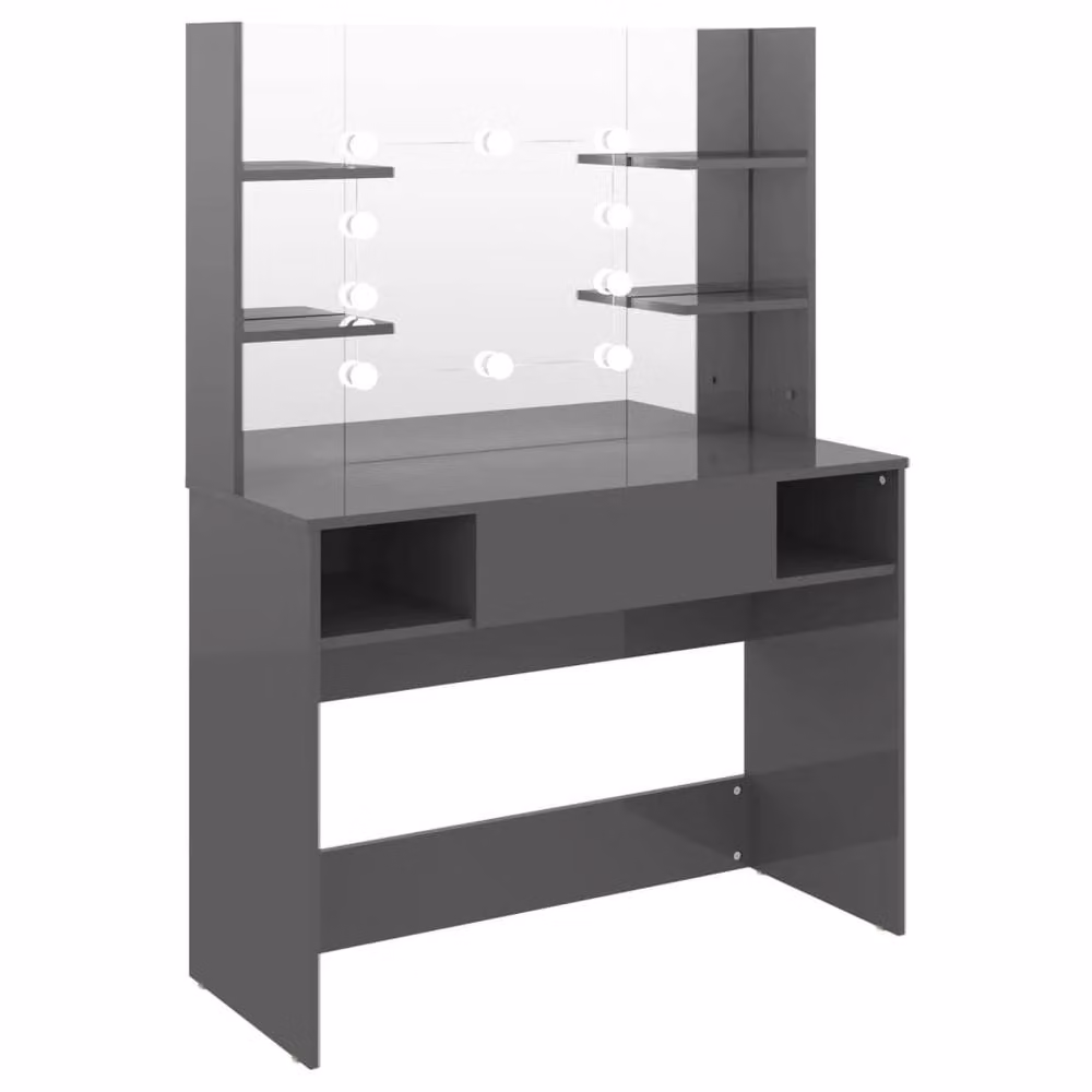 Berkfield Home Modern Makeup Table with Hollywood LED Lights in Glossy Grey, W/D/H: 100 x 40 x 135 cm – 3