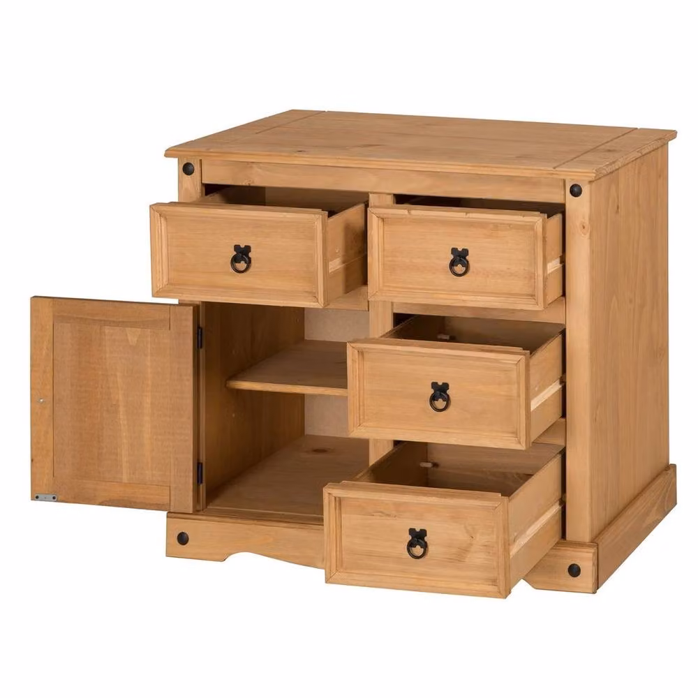 PAWNORA Rustic Brown Waxed Pine Sideboard with 1 Door and 4 Drawers – 2