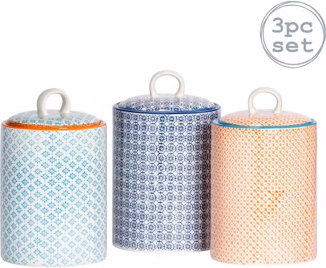 Nicola Spring Pack of 3 Hand-Printed Ceramic Airtight Kitchen Canisters in Multicolour and Yellow, Height: 15.6 cm