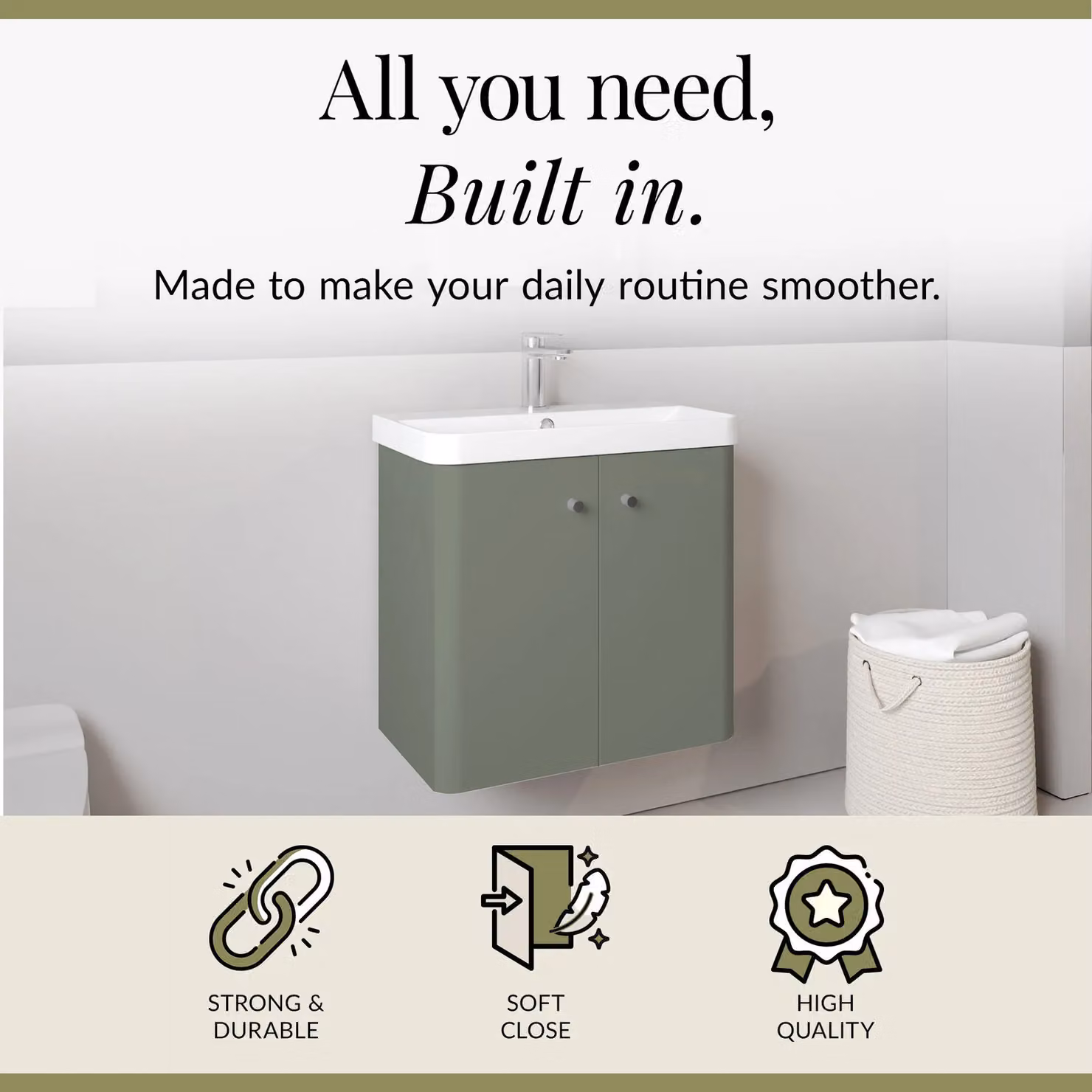 Balterley Modern Wall Hung 2 Door Bathroom Vanity Unit with Basin, Satin Green, Width: 60.5 cm – 2