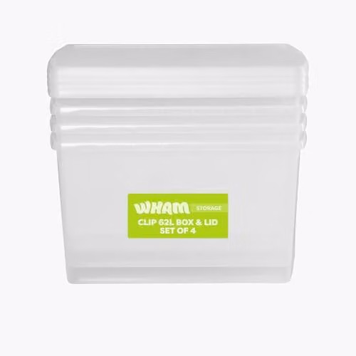 Wham 4 Pack 62L Rectangular Stackable Plastic Storage Boxes with Lids, Transparent – 1